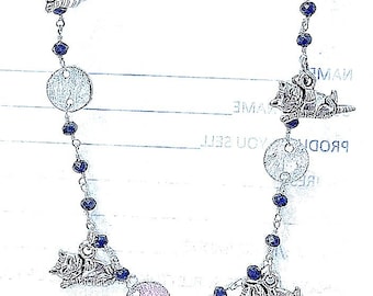 Anklet, silver chain, blue beads, cat charms