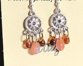 Dream catcher w/ peach and orange czech teardrop beads.  Dangle Earrings.