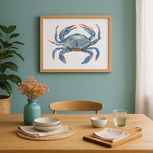 Blue Crab Wall Art – Coastal Kitchen Print – Nautical Watercolor Crab – Ocean Animal Decor image 1