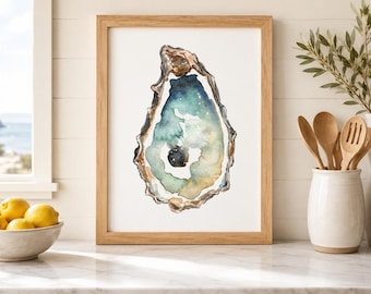 Oyster Watercolor Print: Coastal Beach House Wall Art