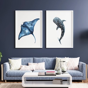 Manta Ray & Whale Shark Art Print: Coastal Watercolor Wall Decor