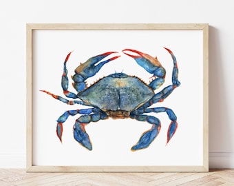 Blue Crab Art Print, Blue Claw Crab Watercolor Print, Blue Crab Art