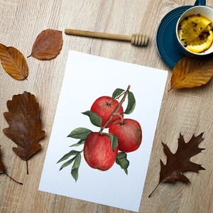 Red Apple Art Print, Watercolor Apples Art Print, Apples on Branch Watercolor Painting, Fruit Wall Art image 2