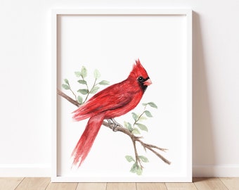 Cardinal Watercolor Art Print, Bird Wall Decor
