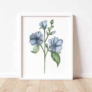 May include: A watercolor painting of a blue flower with green leaves and stems on a white background.
