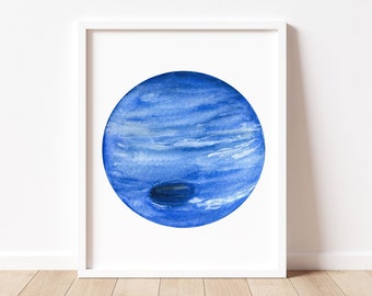 海王星の水彩画プリント、太陽系アート
