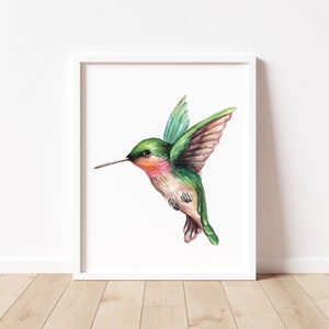 Hummingbird Watercolor Art Print, Watercolor Bird Wall Art, Hummingbird Art Print, Ruby Throated Hummingbird Wall Art image 1