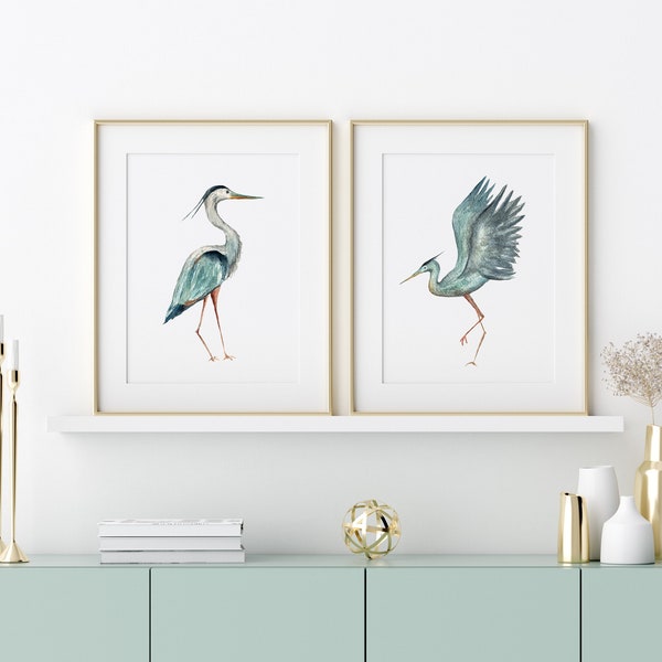 Blue Heron Print, Heron Art, Coastal Decor, Bird Painting, Minimalist Home Decor
