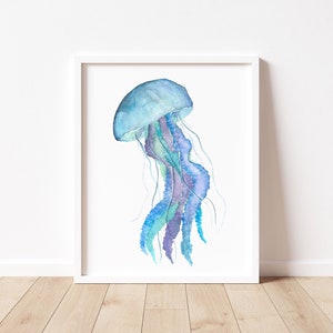 Impresión artística de medusas en acuarela: arte mural oceánico: decoración costera para el hogar
