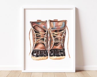 Impresión artística de botas de L.L. Bean, acuarela de Maine, impresión artística de botas de invierno, arte mural invernal, decoración de cabañas