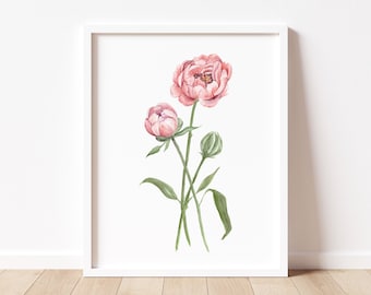 Peony Painting, Peony Print, Peony Watercolor Print, Floral Wall Art, Minimalist Wall Art