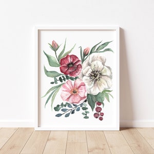 May include: A watercolor painting of a bouquet of flowers in shades of pink, white, and burgundy. The flowers are surrounded by green leaves and berries.