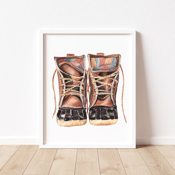 L.L. Bean Boots Art Print, Maine Watercolor Art, Winter Boots Art Print, Winter Wall Art, Cabin Decor