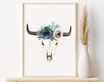 Floral Longhorn Skull Watercolor Print, Southwestern Wall Art
