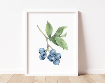 Stampa d'arte dell'acquerello di mirtillo, stampa di frutta dell'acquerello, arte della parete botanica, arte minimalista