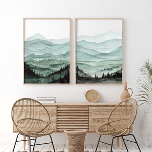 Mountain Landscape Art Prints, Watercolor Print, Diptych Wall Art, Minimalist Home Decor