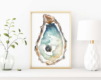 Coastal Oyster Art - Beach House Decor - Shell Watercolor Print