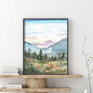 Mountain Landscape Art Print, Watercolor Print, Abstract Nature Print, Boho Home Decor