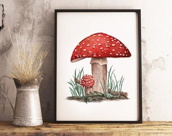 Toadstool Mushroom Watercolor Print - Whimsical Nature Art - Forest Fungi Decor
