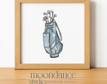 Watercolor Golf Bag Art Print: Minimalist Sports Decor (4x4 Inch Unframed)