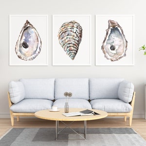 Oyster Shell Art Prints, Watercolor Prints, Oyster Wall Art, Coastal Wall Art, Triptych Painting