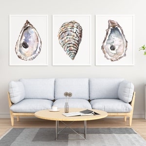 May include: Three framed watercolor paintings of oyster shells in various shades of brown, gray, and white. The paintings are hung on a white wall above a light blue sofa and a wooden coffee table.