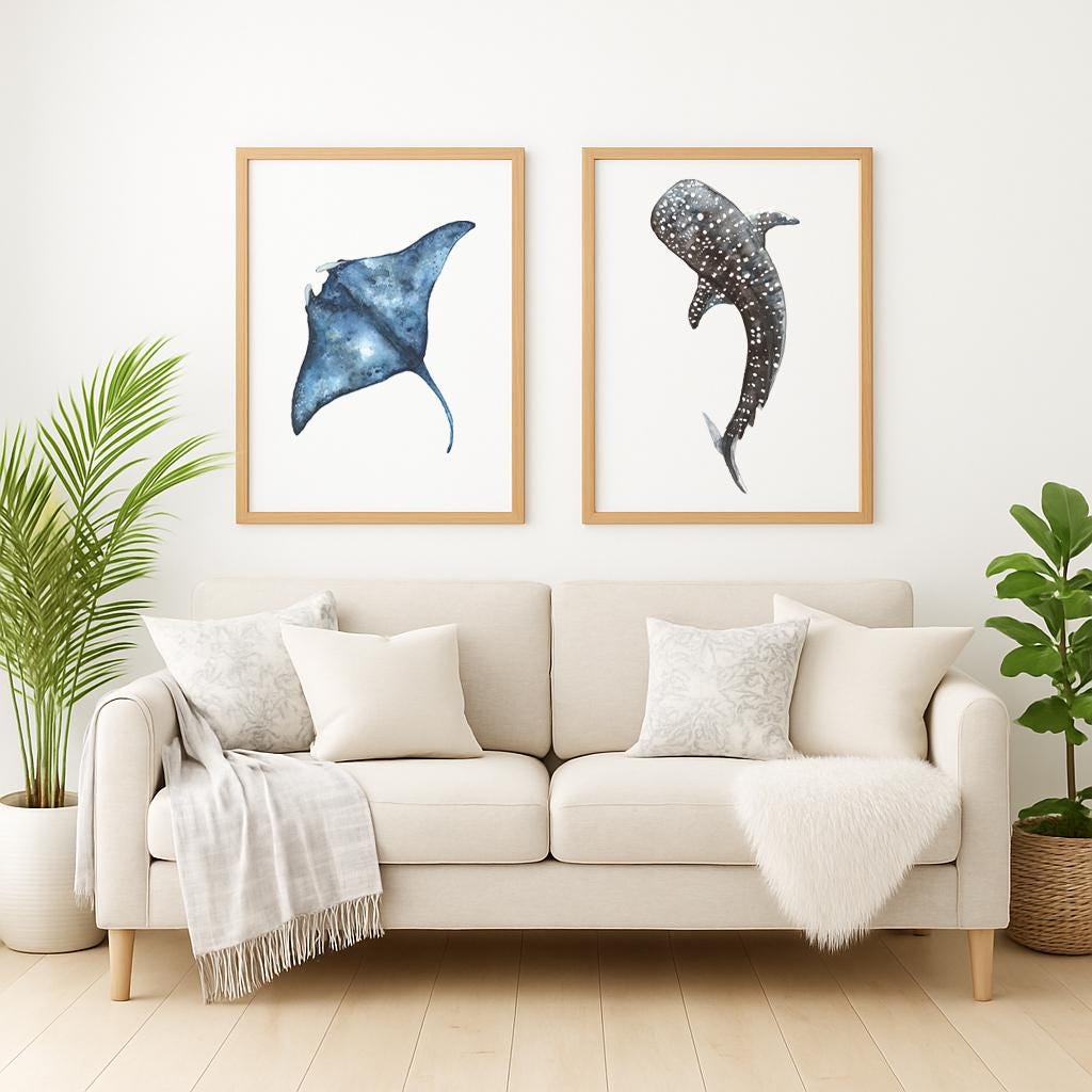 Whale Shark & Manta Ray Watercolor Print Set: Coastal Minimalist Art - Etsy