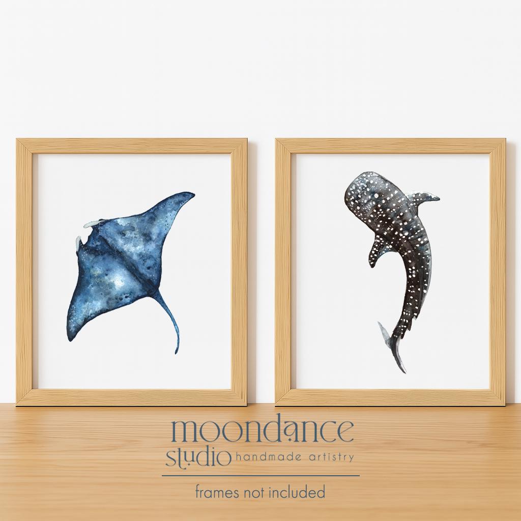 Whale Shark & Manta Ray Watercolor Print Set: Coastal Minimalist Art - Etsy
