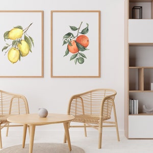 May include: Two framed watercolor paintings of citrus fruit branches. The left painting shows a lemon branch with three lemons. The right painting shows an orange branch with two oranges and a lime.