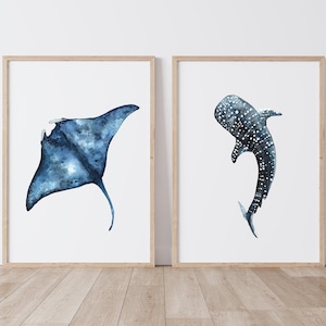 Whale Shark Manta Ray Art Print, Ocean Art,  Beach House Decor, Minimalist Wall Art