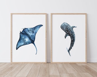 Whale Shark Manta Ray Art Print, Ocean Art,  Beach House Decor, Minimalist Wall Art