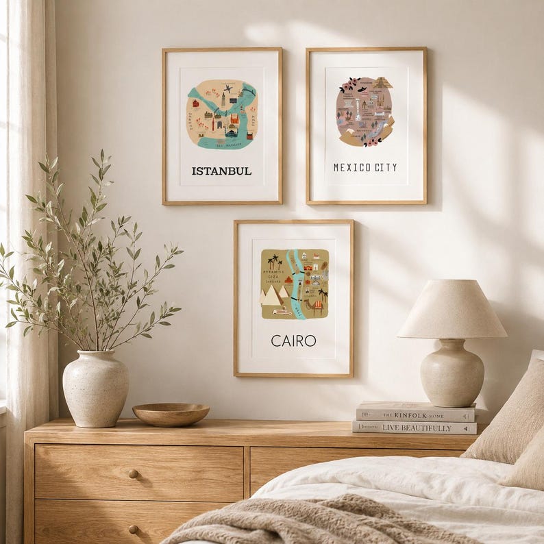 Conjunto de 12 impresiones de mapas de ciudades - Colección de arte mural dibujado a mano - Regalo de decoración de viaje imagen 3
