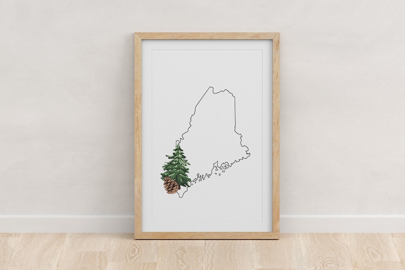 May include: A black line art outline of the state of Maine with a green pine tree and brown pine cone in the lower left corner.