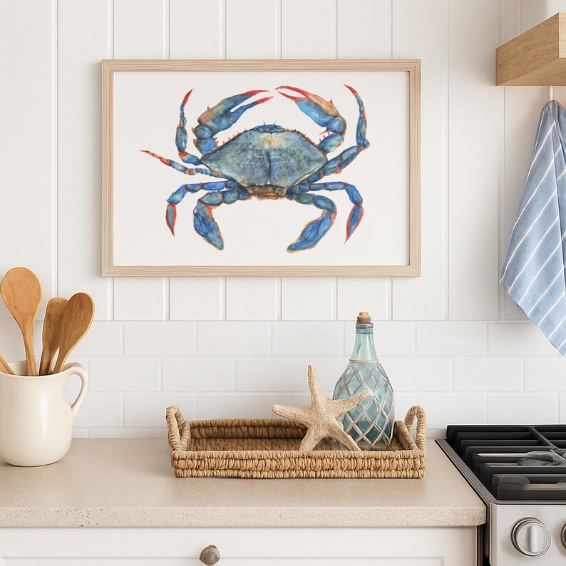 Blue Crab Wall Art – Coastal Kitchen Print – Nautical Watercolor Crab – Ocean Animal Decor image 5