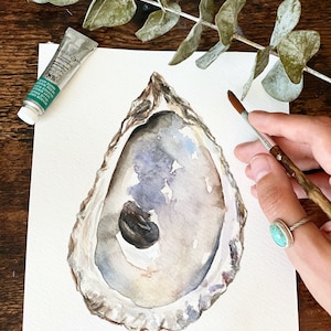 May include: Watercolor painting of an oyster shell with a pearl inside. The shell is painted in shades of gray, brown, and white. The pearl is a dark gray color.