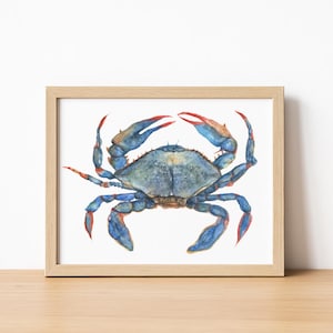 Blue Crab Art Print – Coastal Wall Decor – Nautical Watercolor Crab – Beach House Artwork – Horizontal Ocean Print