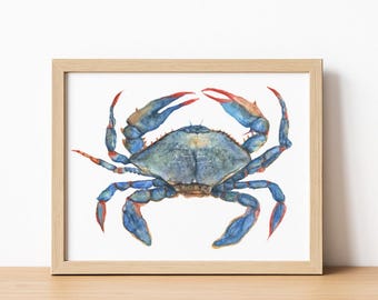 Blue Crab Watercolor Art Print: Coastal Beach House Decor