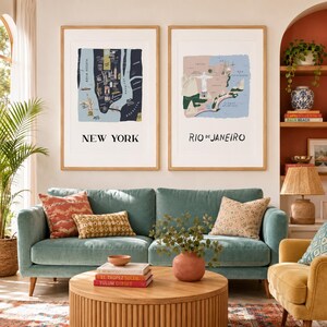 Conjunto de 12 impresiones de mapas de ciudades - Colección de arte mural dibujado a mano - Regalo de decoración de viaje imagen 2