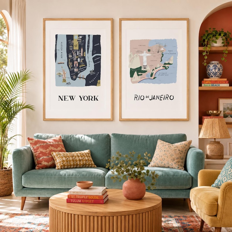 Conjunto de 12 impresiones de mapas de ciudades - Colección de arte mural dibujado a mano - Regalo de decoración de viaje imagen 2