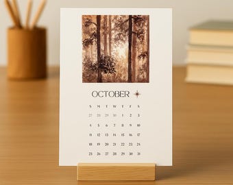 2026 - Monthly Desk Calendar with Wood Stand, Watercolor Office Decor, 5x7