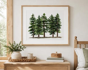 Pine Tree Watercolor Print, Woodland Forest Wall Art, Cabin Cottage Decor