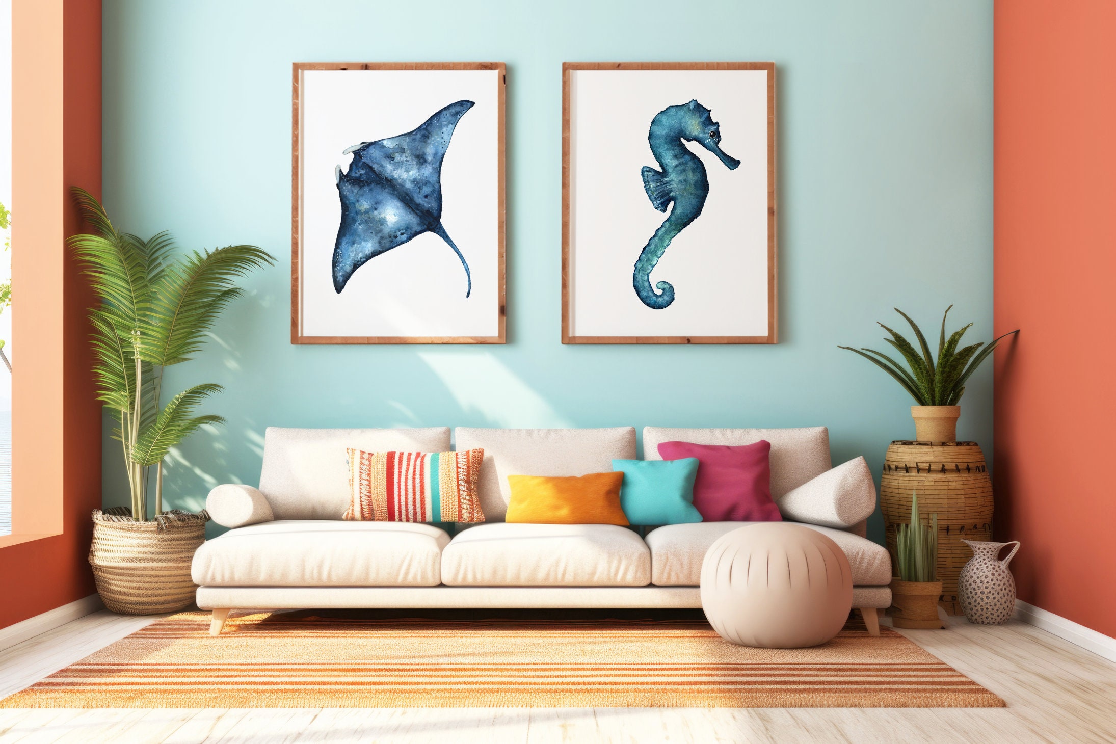 Seahorse Manta Ray Art Print, Ocean Art, Beach House Decor, Minimalist ...