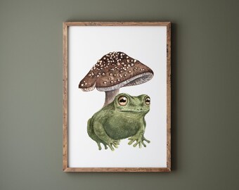 Frog and Mushroom Watercolor Print - Whimsical Art - Nature Wall Decor