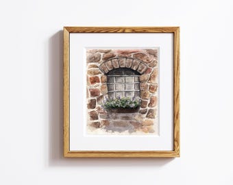 Italian Stone Window Watercolor Print – Rustic Tuscany Wall Art, Mediterranean Home Decor, European Architecture Painting