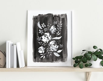 Flower Print, Monochromatic Art Print, Watercolor Painting, Minimalist Art Print