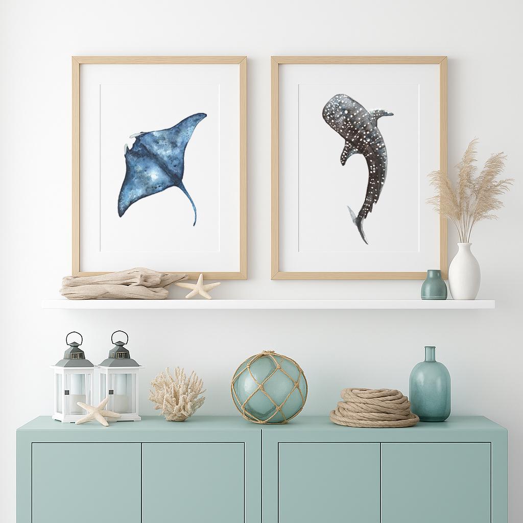 Whale Shark & Manta Ray Watercolor Print Set: Coastal Minimalist Art - Etsy