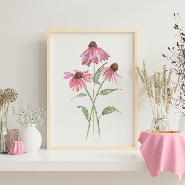 Coneflower Print, Minimalist Watercolor Painting, Botanical Art Print, Aesthetic Home Decor