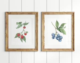 Berries Watercolor Art Print Set, Blueberry Wall Art, Raspberry Wall Art, Stampe d'arte botanica, Set di 2, Pittura ad acquerello minimalista