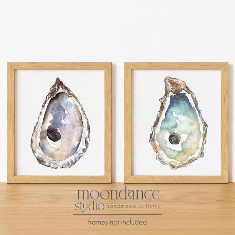 Oyster Shell Print Set – Coastal Wall Art – Beach House Decor – Watercolor Oysters image 1