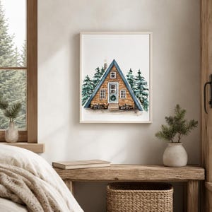 Aquarell-Druck einer A-förmigen Hütte, Winter-Wandbild für Hütten, Dekoration für Berghütten
